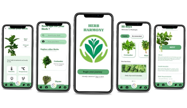 Detailed interface design of Herb Harmony app showcasing herb care, plant profiles, and tips.