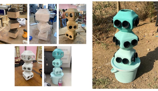Progress photos of Herb Harmony prototype from carved wood form to final painted hydroponic model.