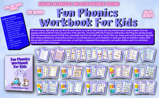 Learning cvc words, sight words and vowel sounds with Fun Phonics Workbook For Kids.