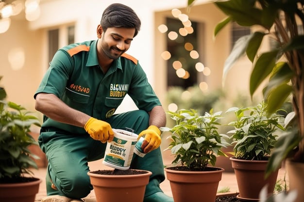 Gardener applying fertilizer to a potted plant for better growth and health.