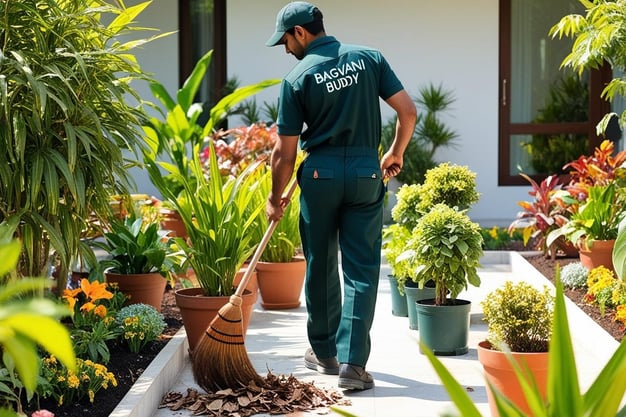 Gardener performing general garden cleaning and maintaining indoor plants in a well-kept garden spac