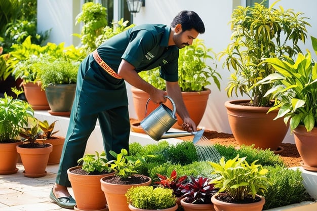 Gardener performing general plant maintenance in a home garden.