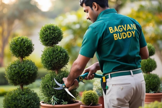 Gardener pruning and shaping large plants in a home garden for a tidy look.