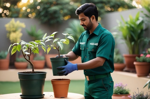 Gardener carefully re-potting and shifting plants with attention to detail.