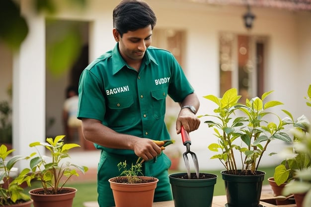 Gardener performing weed management in pots and plants of a home garden.