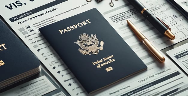Documentos organizados para a solicitação de visto americano, incluindo passaporte, formulários e uma lista de verificação.
