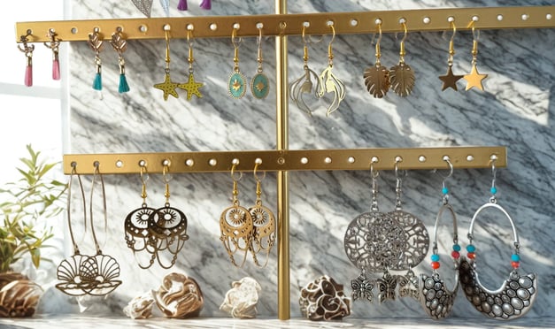 a display of earrings and earrings on a marble counter top