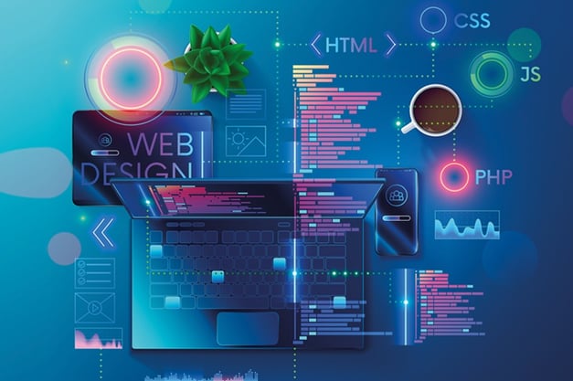 Gráficos futuristas con la palabra 'web', representando el desarrollo de sitios web innovadores y mo