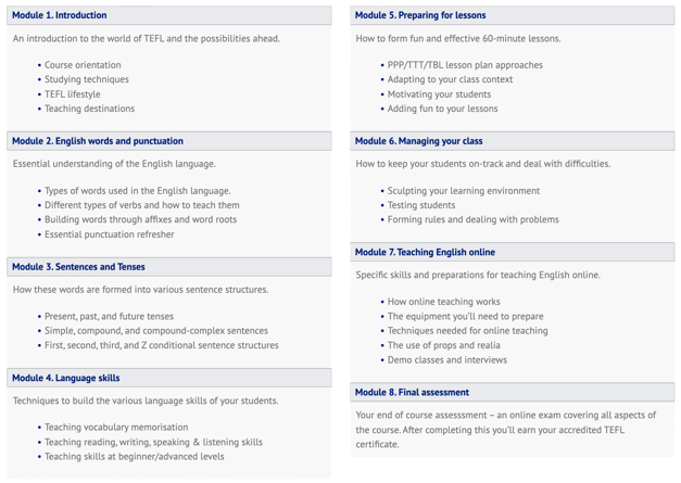 10 module headings and their content, for a TEFL course.