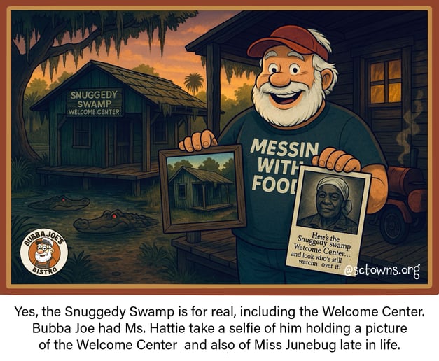 Bubba Joe stands outside the Snuggedy Swamp Welcome Center with real pictures.