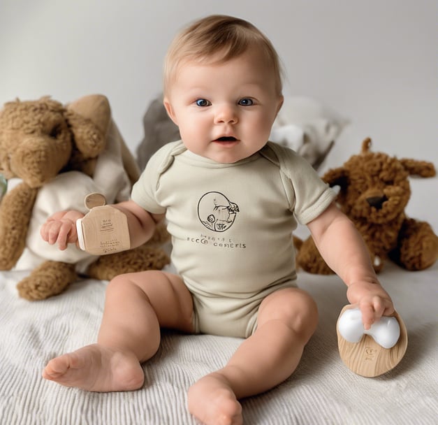 a baby is sitting on a bed with teddy bears