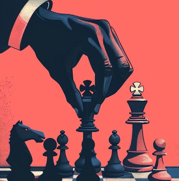 hand playing chess on a red background