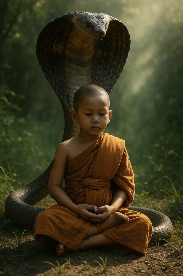 Un serpent cobra protège un enfant pour la journée mondiale du serpent.