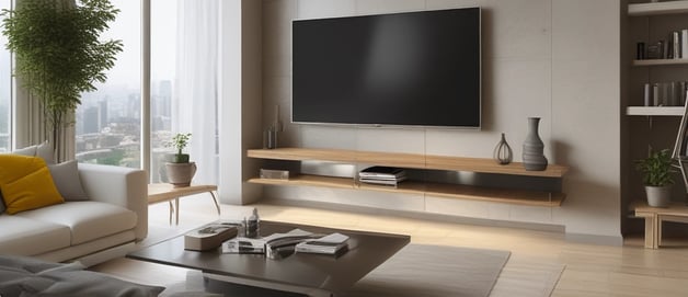 a living room with a large window and a television mounted to the wall