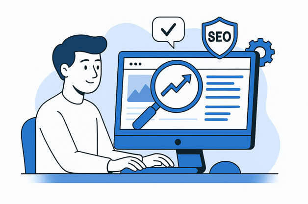 Homme avec un ordinateur améliorant le référencement d'un site web