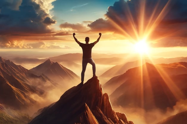 A strong and confident individual standing atop a mountain at sunrise, arms raised in triumph, symbo