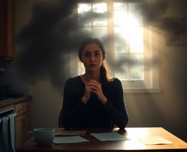 a woman sitting at a table with a cup of coffee
