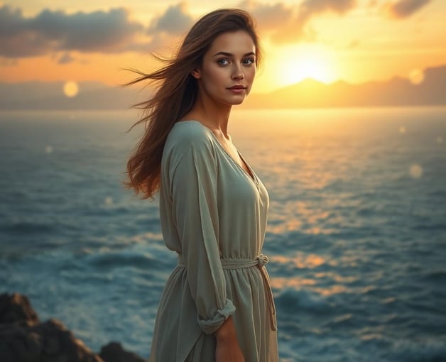 a woman in a dress standing on a rock