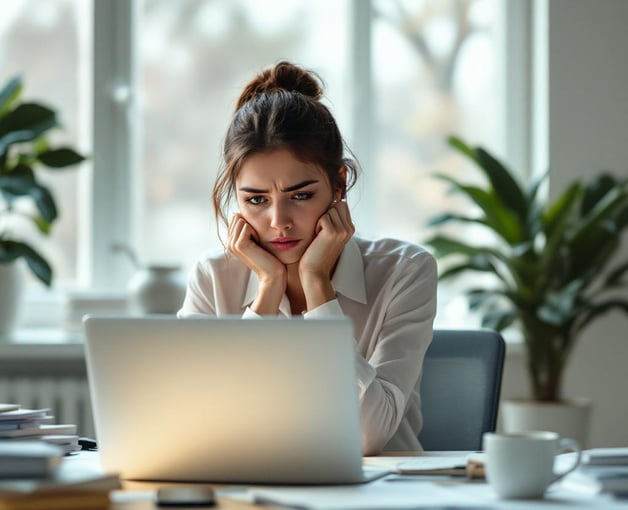 a woman sitting at a desk with a laptop computer