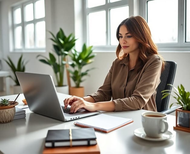 a woman sitting at a desk with a laptop computer