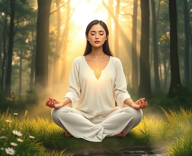 a woman sitting in a meditation position in a forest