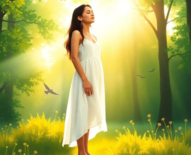 a woman standing in a field with a bird in the background