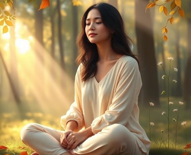 a woman sitting on the grass with her eyes closed