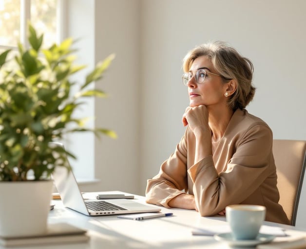a woman sitting at a desk with a laptop computer and a potted plant