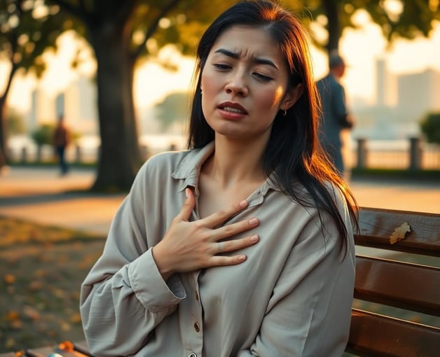 a woman with a chest pain holding her chest