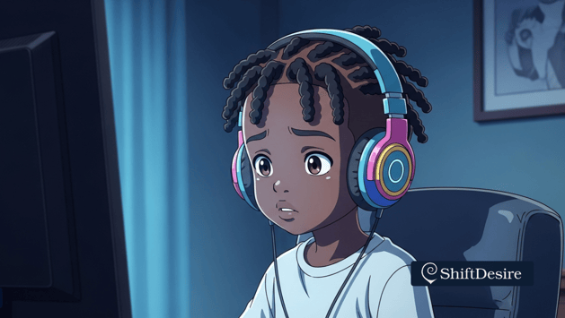 Child with headphones in front of a computer, dimly lit room, slight concern on their face, representing internet safety for 