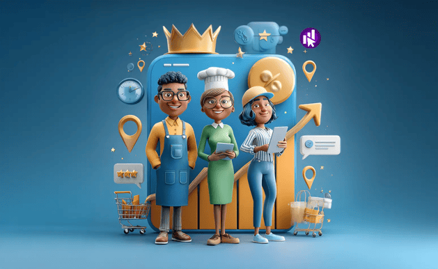 Ilustración 3D de tres comerciantes felices frente a un smartphone con corona, flecha ascendente, carritos y logo Egremy Digi