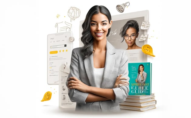 Mujer profesional con blazer gris, brazos cruzados y fondo de smartphone, pantalla y libro, ilustrando cómo fortalecer la aut