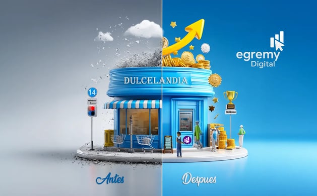 Comparativa antes/después de tienda “Dulcelandia”: lado gris en declive vs. lado azul con monedas, flecha ascendente y éxito
