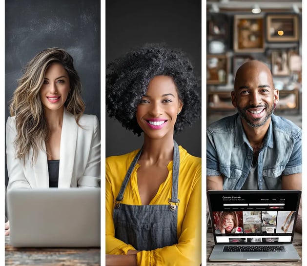 Tríptico con tres emprendedores—consultora con portátil, artesana con mandil amarillo y empresario frente a laptop con sitio 
