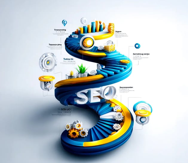 Diagrama visual en 3D que representa un proceso de SEO en espiral ascendente, con elementos como "Mini Entrevista", "Rondas",