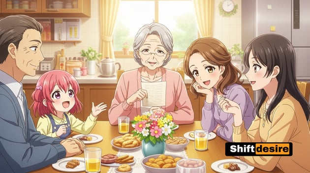 A happy family of different ages sitting around a kitchen table, engaged in conversation,