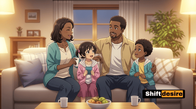 Family sitting together on a couch, talking and smiling without any electronic devices nearby