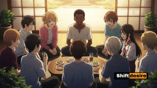 Anime-style group of diverse characters sitting in a circle