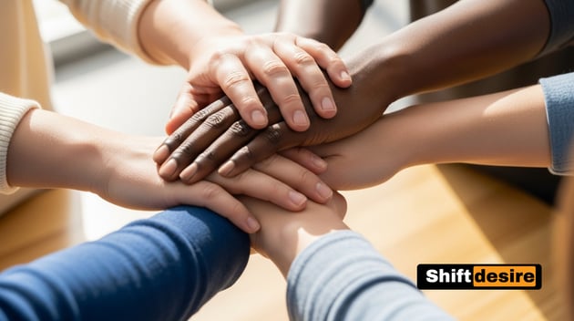 Close-up of diverse hands joined together forming a supportive circle, bright natural light, photographic style