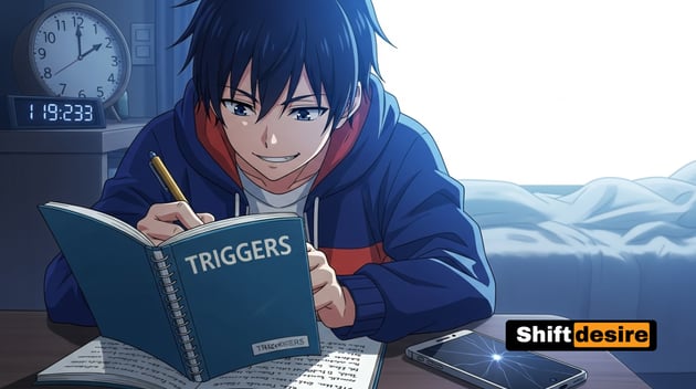Young man in anime style marking a notebook labeled 'Triggers'