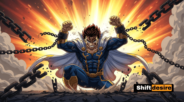Anime hero figure getting up from the ground, surrounded by broken chains