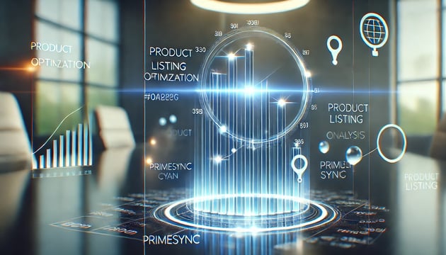 Interfaz holográfica mostrando un análisis de optimización de listados de producto para e-commerce