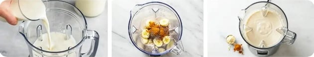The image shows the process of blending almond milk, banana, and spices into a smooth smoothie.