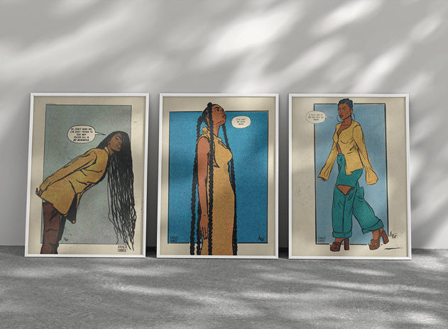 three framed art prints of a woman in a yellow jacket