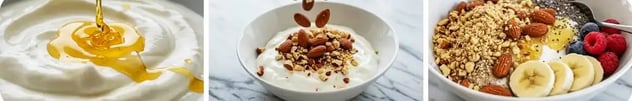 Greek yogurt topped with honey, almonds, and fresh fruit.