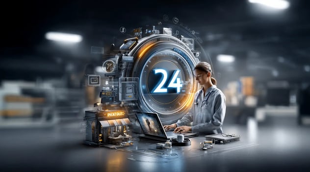 Doctora con portátil en entorno futurista y número 24 brillante, símbolo de telemedicina y atención médica online disponible 