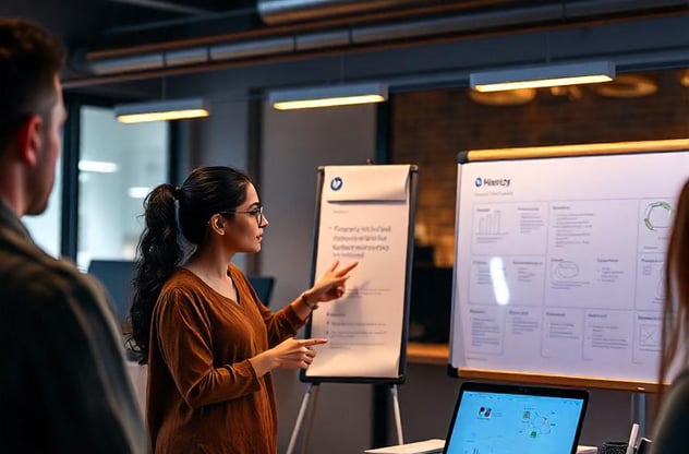 a woman standing in front of a white board board with a white boarder