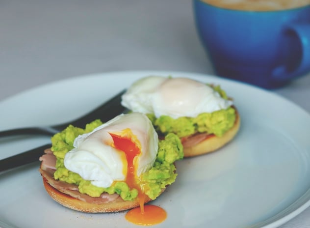 Mashed Avocado with English muffins and poached eggs