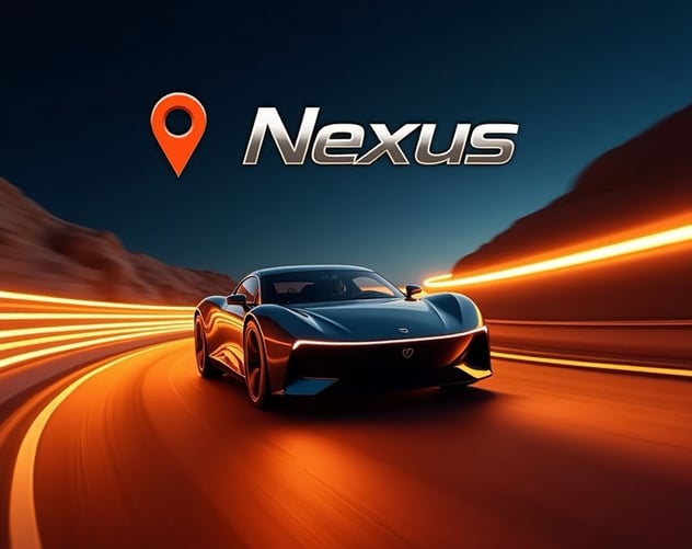 Um carro em alta velocidade em uma estrada de terra com montanhas escrito nexus