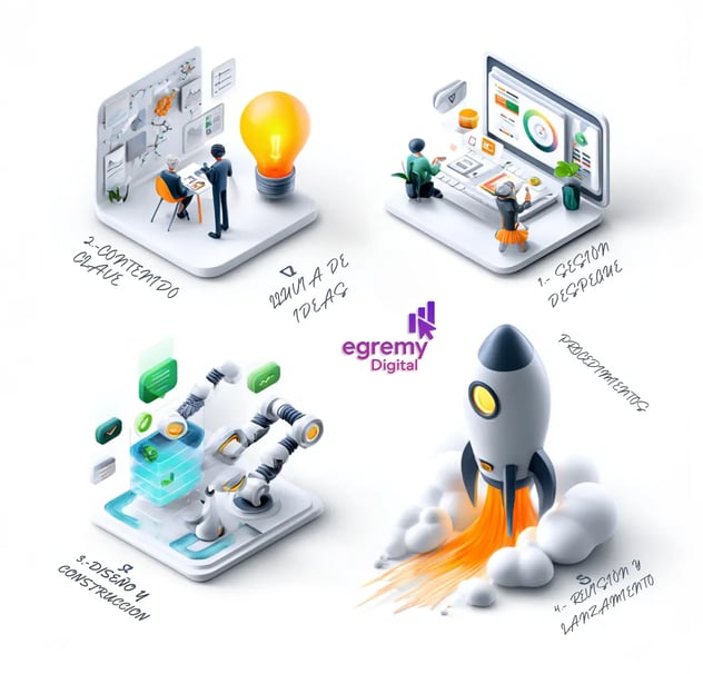 Infografía 3D con cinco fases de Egremy Digital: descubrimiento, lluvia de ideas, contenido clave, diseño y construcción, rev